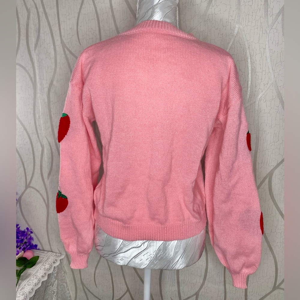 🎀🍓 Pink Knit Whimsical Strawberry Flounce Sleeve Sweater 🍓🎀 NWT - Picture 6 of 10